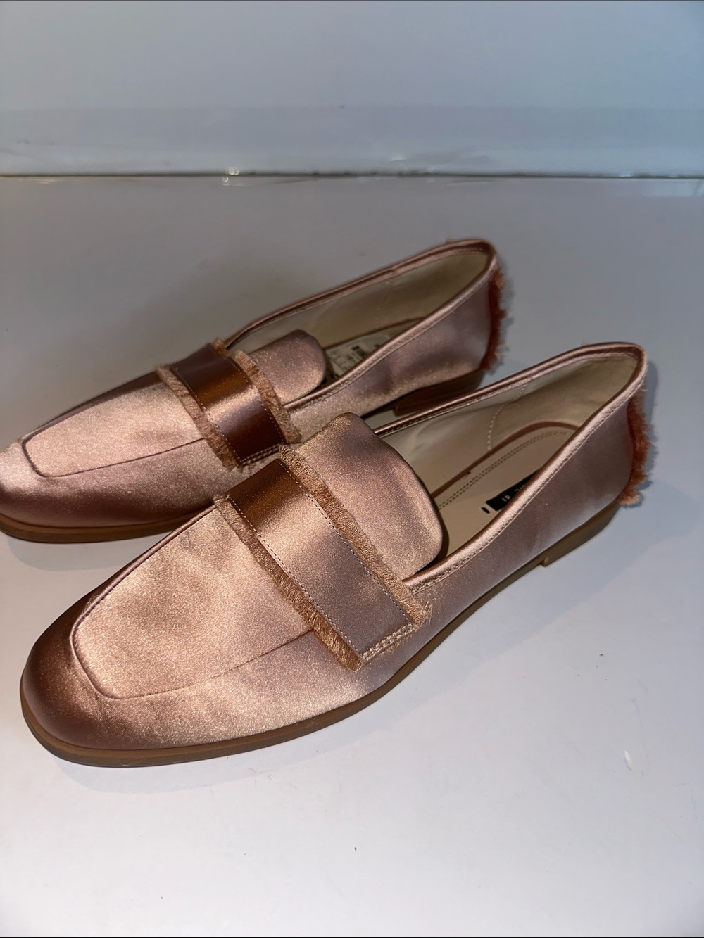 Zara Rose Gold Satin Loafers with Fringed Heel Trim